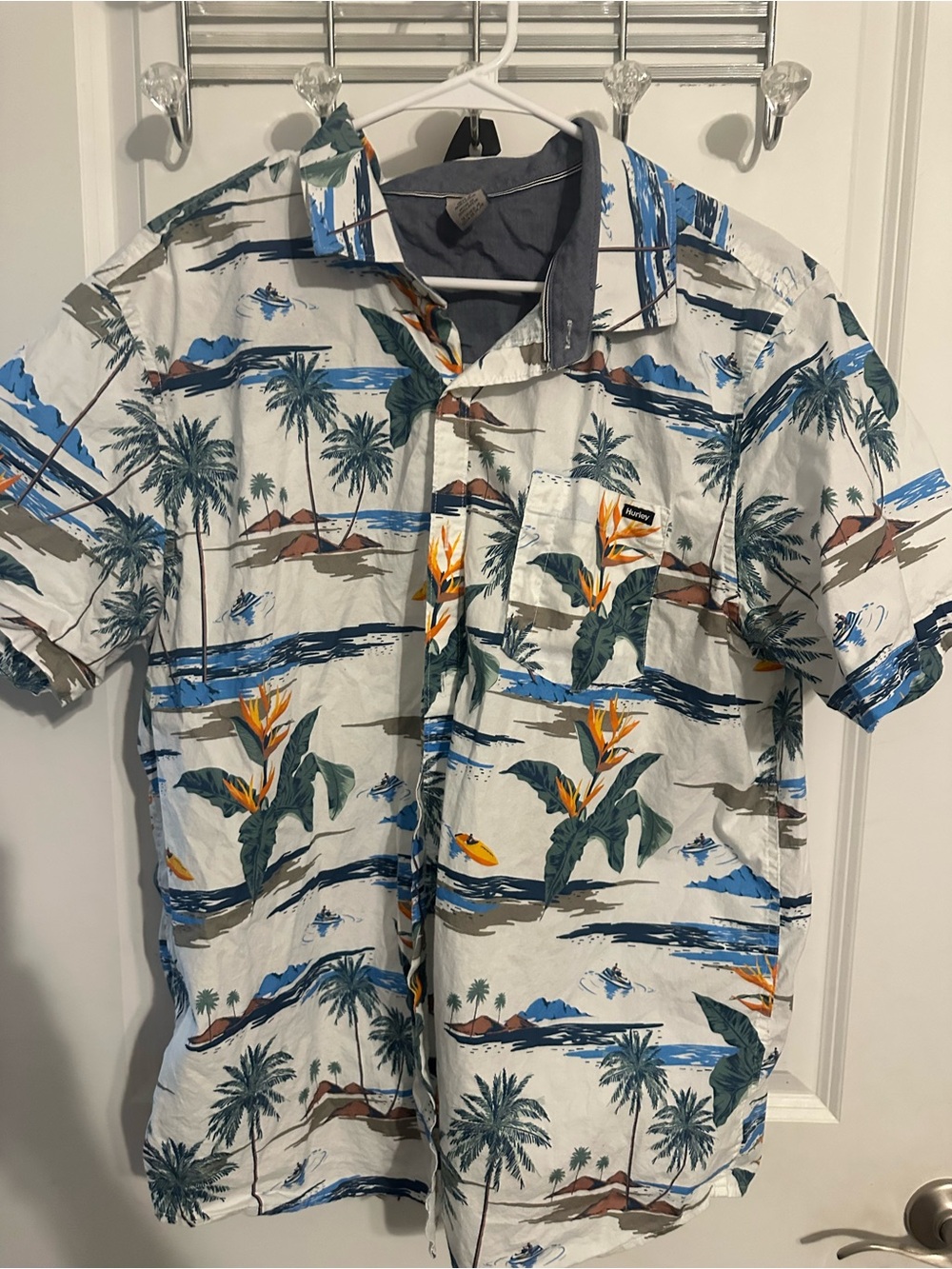 Hurley White Button-Down Shirt with Blue, Green & Orange Tropical Print